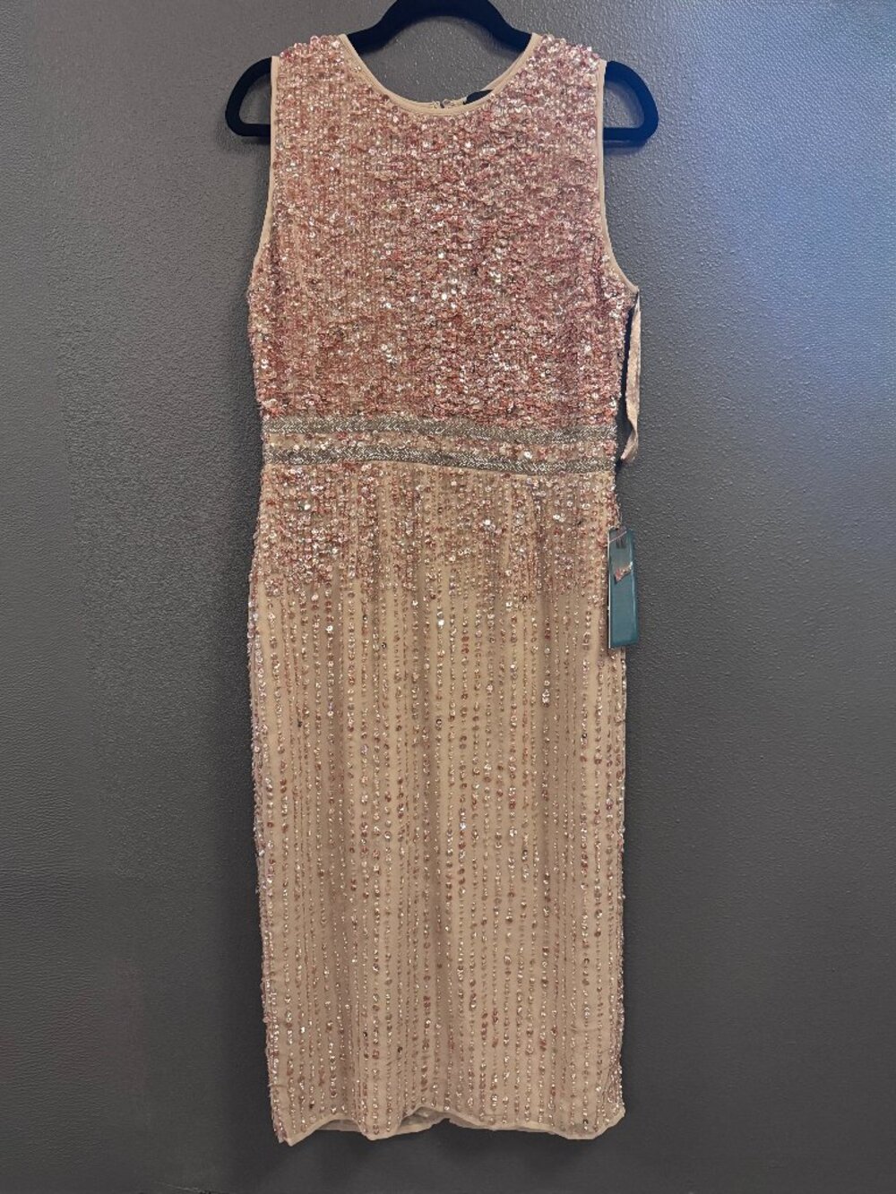Mac Duggal Sleeveless High Neck Beaded Midi Sheath Dress